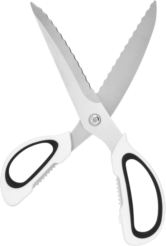 Kitchen Scissors with Ripple Blade Design, Ergonomic White Handles, Stainless Steel (White)