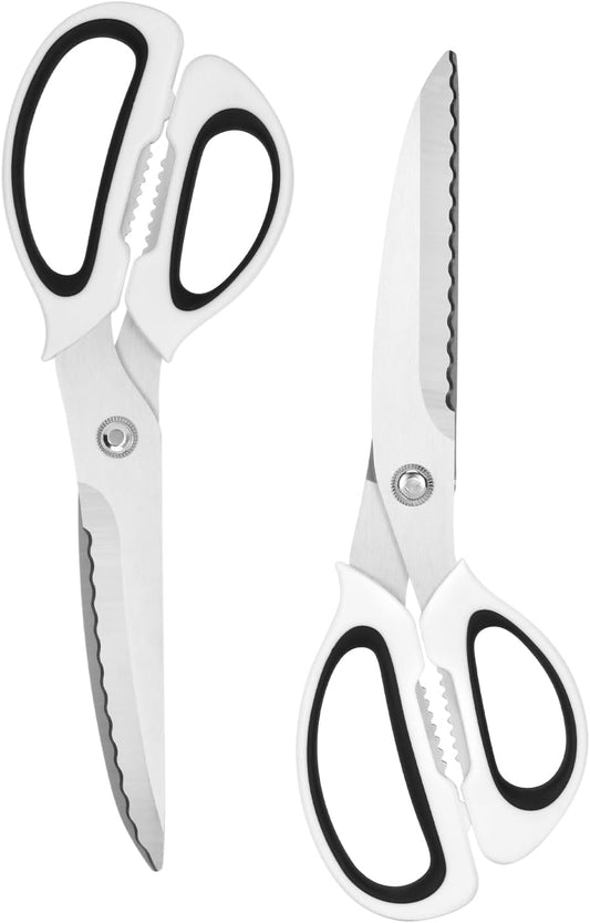 Kitchen Scissors with Ripple Blade Design, Ergonomic White Handles, Stainless Steel (White)