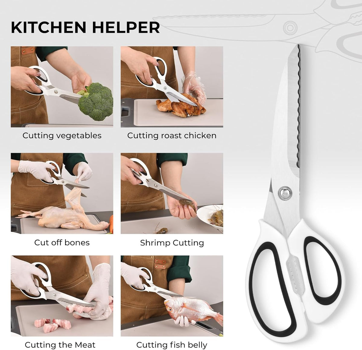 Kitchen Scissors with Ripple Blade Design, Ergonomic White Handles, Stainless Steel (White)