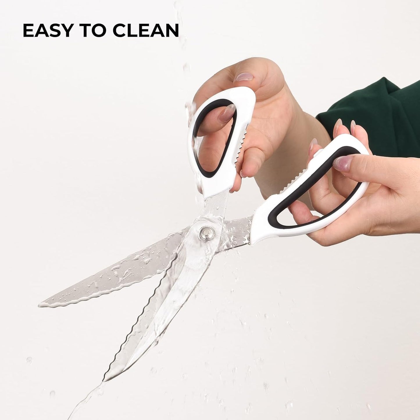 Kitchen Scissors with Ripple Blade Design, Ergonomic White Handles, Stainless Steel (White)