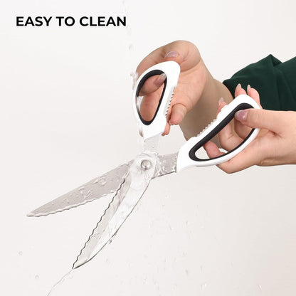 Kitchen Scissors with Ripple Blade Design, Ergonomic White Handles, Stainless Steel (White)