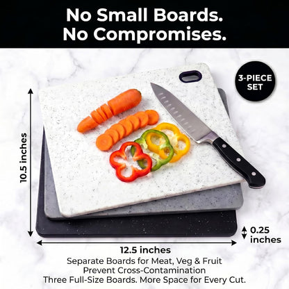 Stone-Look Color-Coded Cutting Board Set of 3, White, Gray & Black | BPA-Free Premium Food-Grade Plastic, Color-Coded, Non-Slip, Reversible, Dishwasher Safe, Large Size, Same size.