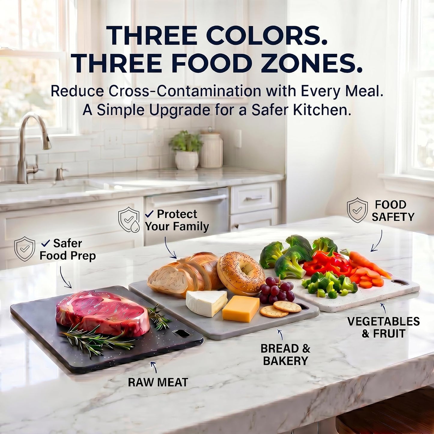 Stone-Look Color-Coded Cutting Board Set of 3, White, Gray & Black | BPA-Free Premium Food-Grade Plastic, Color-Coded, Non-Slip, Reversible, Dishwasher Safe, Large Size, Same size.