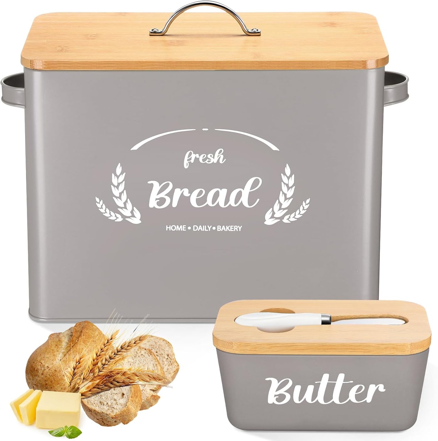 2 Pcs Large Bread Box Set for Kitchen Countertop with Ceramic Butter Dish Holder Bamboo Lid Knife Metal Bread Holder Farmhouse Kitchen Storage Container for Home Housewarming Gift(Grey)