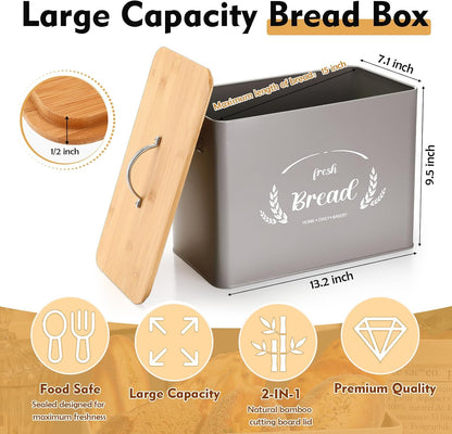 2 Pcs Large Bread Box Set for Kitchen Countertop with Ceramic Butter Dish Holder Bamboo Lid Knife Metal Bread Holder Farmhouse Kitchen Storage Container for Home Housewarming Gift(Grey)