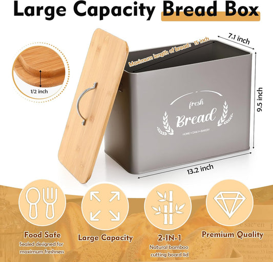 2 Pcs Large Bread Box Set for Kitchen Countertop with Ceramic Butter Dish Holder Bamboo Lid Knife Metal Bread Holder Farmhouse Kitchen Storage Container for Home Housewarming Gift(Grey)