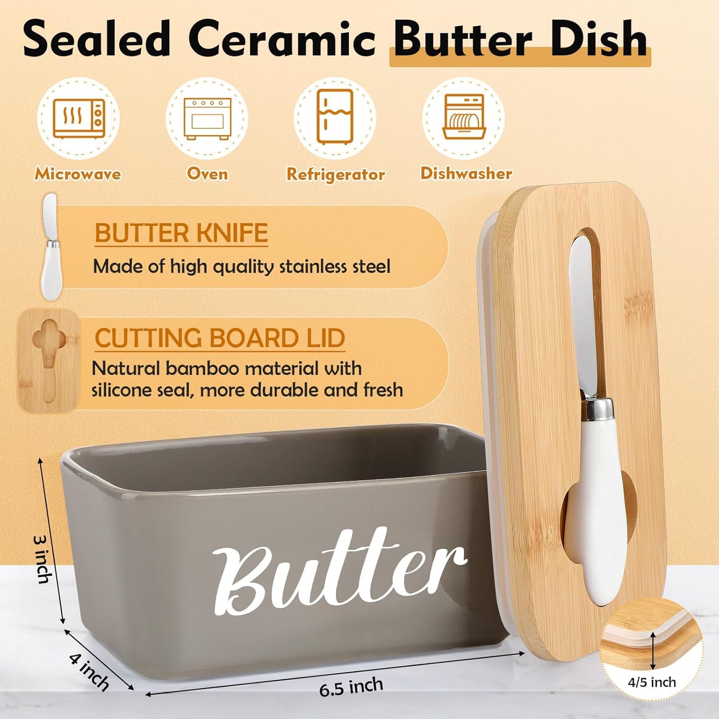 2 Pcs Large Bread Box Set for Kitchen Countertop with Ceramic Butter Dish Holder Bamboo Lid Knife Metal Bread Holder Farmhouse Kitchen Storage Container for Home Housewarming Gift(Grey)