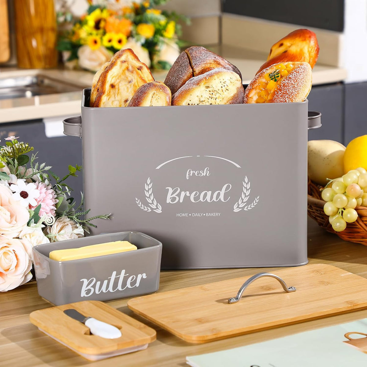 2 Pcs Large Bread Box Set for Kitchen Countertop with Ceramic Butter Dish Holder Bamboo Lid Knife Metal Bread Holder Farmhouse Kitchen Storage Container for Home Housewarming Gift(Grey)