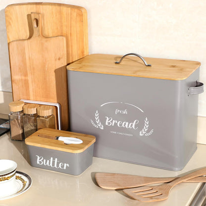 2 Pcs Large Bread Box Set for Kitchen Countertop with Ceramic Butter Dish Holder Bamboo Lid Knife Metal Bread Holder Farmhouse Kitchen Storage Container for Home Housewarming Gift(Grey)
