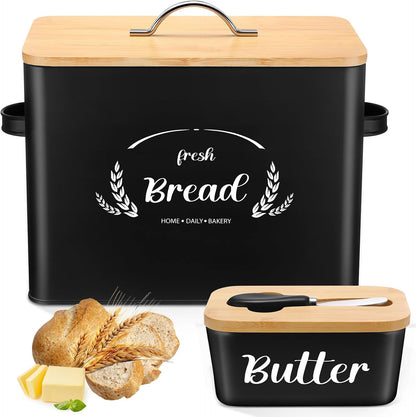 2 Pcs Large Bread Box Set for Kitchen Countertop with Ceramic Butter Dish Holder Bamboo Lid Knife Metal Bread Holder Farmhouse Kitchen Storage Container for Home Housewarming Gift(Grey)