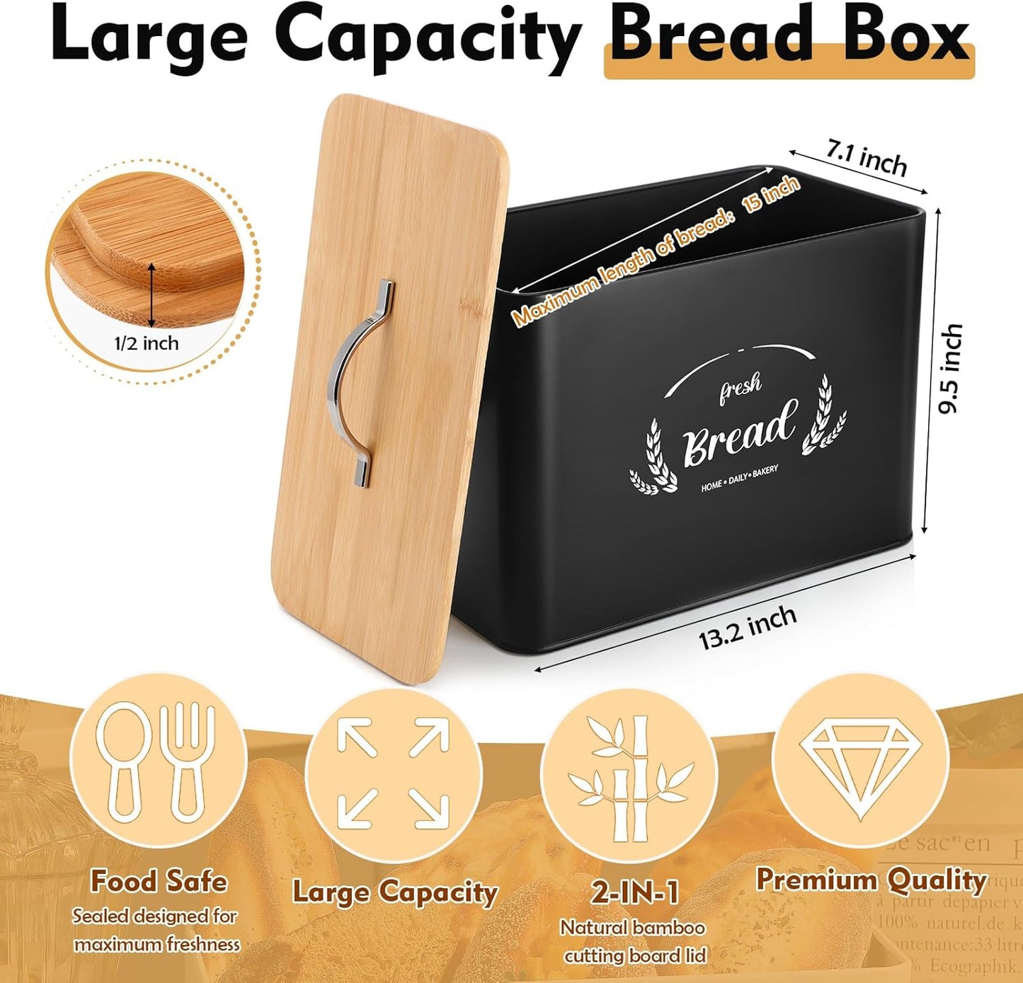 2 Pcs Large Bread Box Set for Kitchen Countertop with Ceramic Butter Dish Holder Bamboo Lid Knife Metal Bread Holder Farmhouse Kitchen Storage Container for Home Housewarming Gift(Grey)