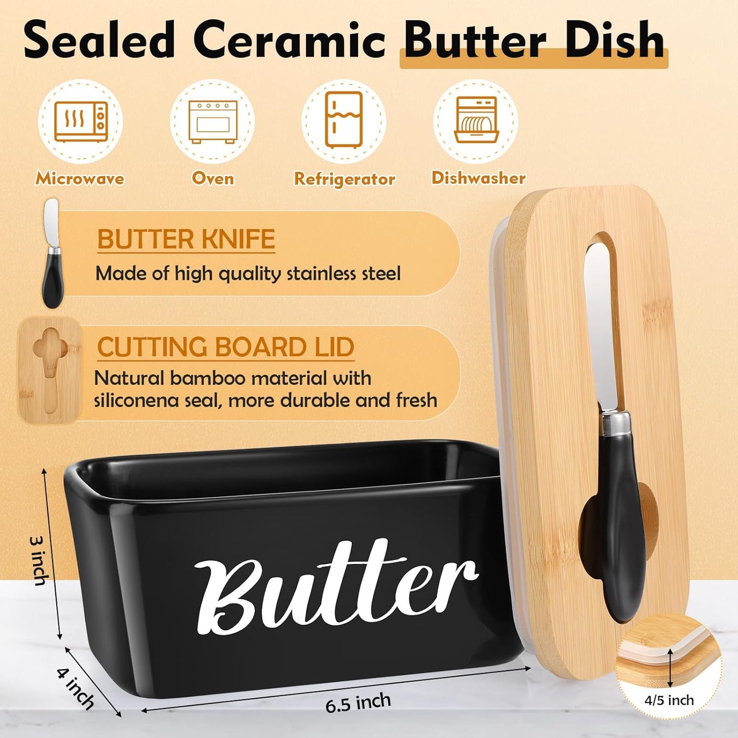 2 Pcs Large Bread Box Set for Kitchen Countertop with Ceramic Butter Dish Holder Bamboo Lid Knife Metal Bread Holder Farmhouse Kitchen Storage Container for Home Housewarming Gift(Grey)