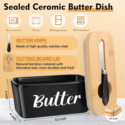 2 Pcs Large Bread Box Set for Kitchen Countertop with Ceramic Butter Dish Holder Bamboo Lid Knife Metal Bread Holder Farmhouse Kitchen Storage Container for Home Housewarming Gift(Grey)