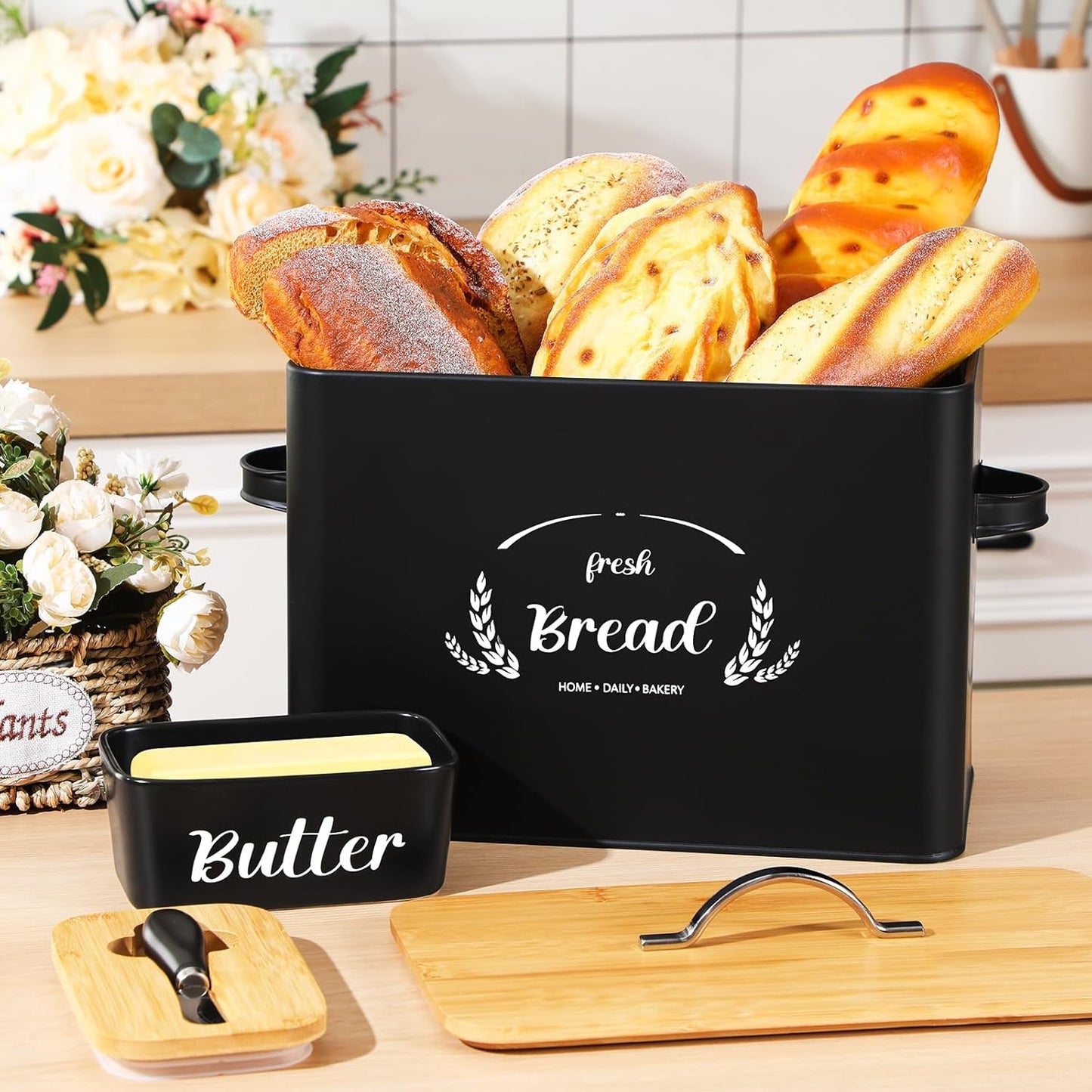 2 Pcs Large Bread Box Set for Kitchen Countertop with Ceramic Butter Dish Holder Bamboo Lid Knife Metal Bread Holder Farmhouse Kitchen Storage Container for Home Housewarming Gift(Grey)