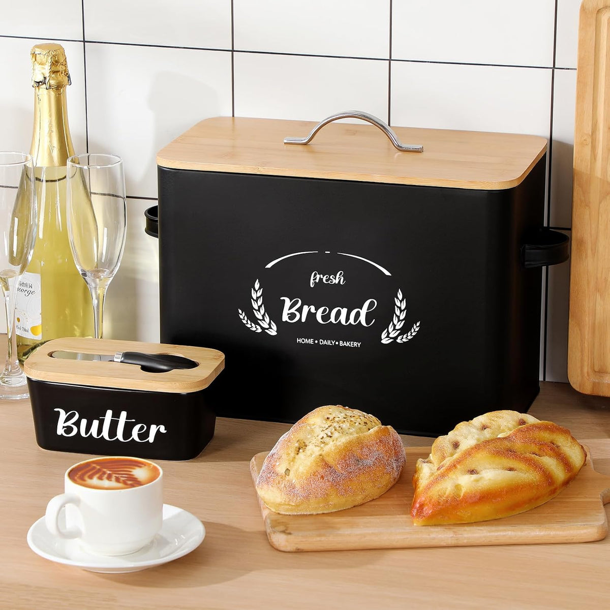 2 Pcs Large Bread Box Set for Kitchen Countertop with Ceramic Butter Dish Holder Bamboo Lid Knife Metal Bread Holder Farmhouse Kitchen Storage Container for Home Housewarming Gift(Grey)