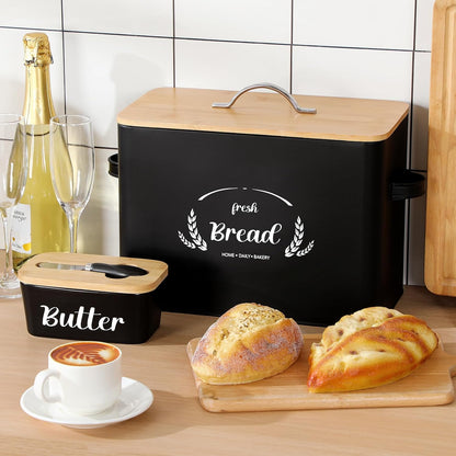 2 Pcs Large Bread Box Set for Kitchen Countertop with Ceramic Butter Dish Holder Bamboo Lid Knife Metal Bread Holder Farmhouse Kitchen Storage Container for Home Housewarming Gift(Grey)