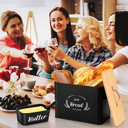 2 Pcs Large Bread Box Set for Kitchen Countertop with Ceramic Butter Dish Holder Bamboo Lid Knife Metal Bread Holder Farmhouse Kitchen Storage Container for Home Housewarming Gift(Grey)