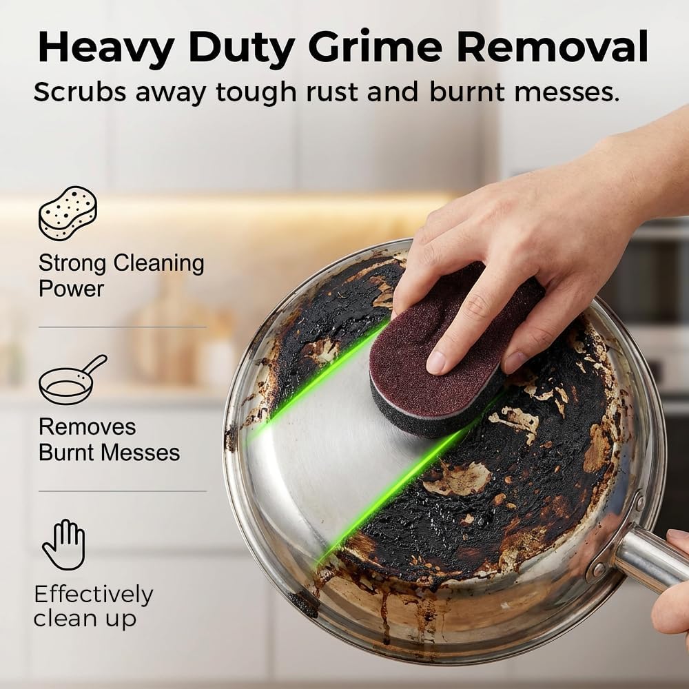 Cleaning Sponges Eraser - Emery Scrub Sponge for Pots & Pans, Heavy Duty Rust & Stain Remover, High-Density Oil-Absorbing Sponge for Kitchen, Dish, Sink & Cookware Cleaning
