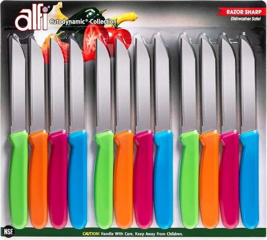 All-Purpose Knives Aerospace Precision Pointed Tip - Home And Kitchen Supplies - Serrated Steak Knives Set | Made in USA (Multi-Color, 12 pack)
