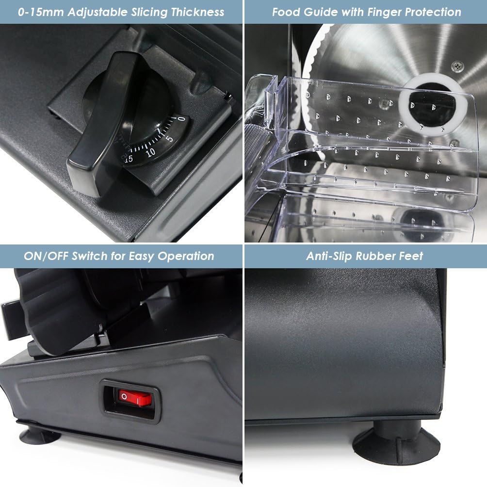EMT-625B Deli Meat Slicer, Adjustable Thickness, 7.5" Black | Removable stainless steel blade slices cold cuts, hard cheese, vegetables & bread - ultimate precision slicing