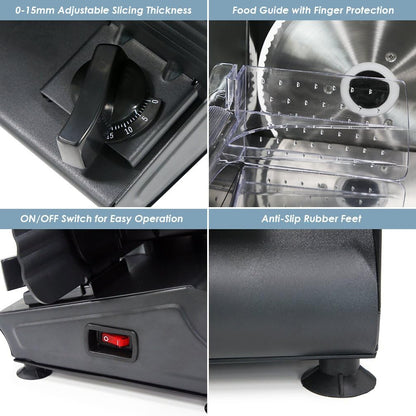 EMT-625B Deli Meat Slicer, Adjustable Thickness, 7.5" Black | Removable stainless steel blade slices cold cuts, hard cheese, vegetables & bread - ultimate precision slicing