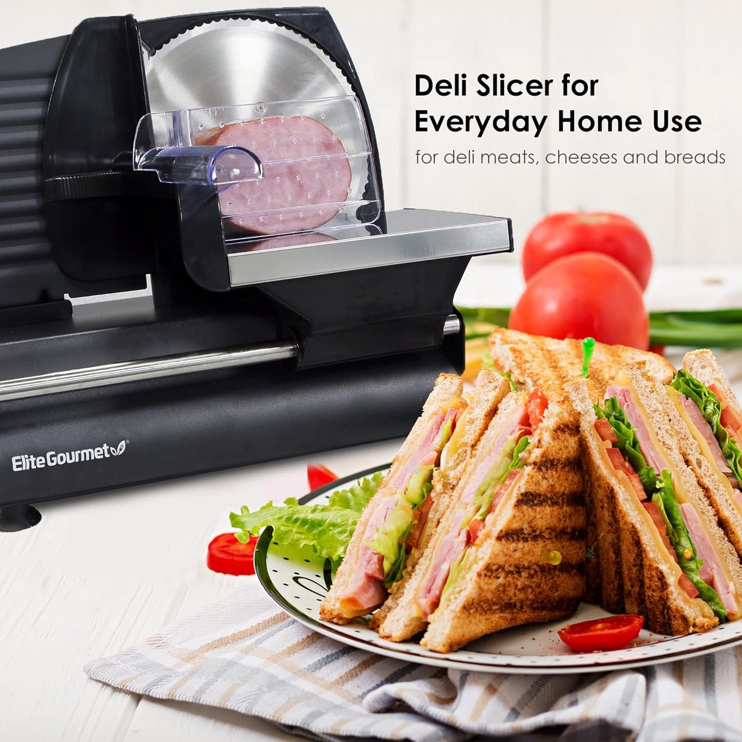 EMT-625B Deli Meat Slicer, Adjustable Thickness, 7.5" Black | Removable stainless steel blade slices cold cuts, hard cheese, vegetables & bread - ultimate precision slicing