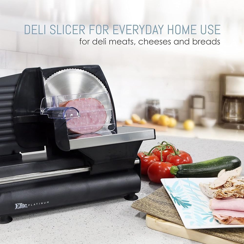 EMT-625B Deli Meat Slicer, Adjustable Thickness, 7.5" Black | Removable stainless steel blade slices cold cuts, hard cheese, vegetables & bread - ultimate precision slicing