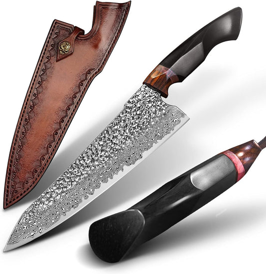 Japanese Professional Chef Knife,8.5in Handmade Damascus Steel VG10 Core Blade,Ebony Wood Handle,Cutting Cooking Gyuto Knives with Sheath for Kitchen