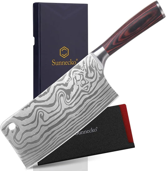 7” Cleaver Knife, Multipurpose Meat & Vegetable Chef Cleaver | 12° Razor Sharp High Carbon Steel Butcher Knife with Pakkawood Handle, Chinese Cleaver with Sheath, Premium Gift for Cooks
