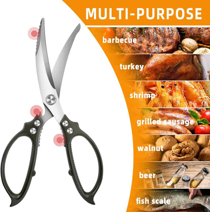 10.5" Kitchen Scissors Poultry Shears, Stainless Steel | Micro-Serrated Edge \| Aviation Aluminum Handle \| Heavy Duty Scissors for Chicken, Bone, Fish & BBQ
