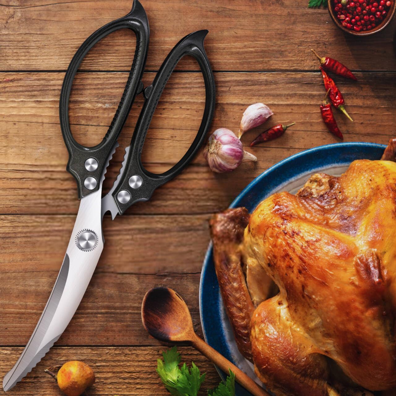 10.5" Kitchen Scissors Poultry Shears, Stainless Steel | Micro-Serrated Edge \| Aviation Aluminum Handle \| Heavy Duty Scissors for Chicken, Bone, Fish & BBQ