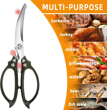 10.5" Kitchen Scissors Poultry Shears, Stainless Steel | Micro-Serrated Edge \| Aviation Aluminum Handle \| Heavy Duty Scissors for Chicken, Bone, Fish & BBQ