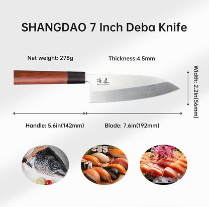 7-inch Deba Knife, Single Bevel German Stainless Steel Japanese Knife, Fish Fillet Knives for Fish Cutting with Wooden Handle, Gift Box