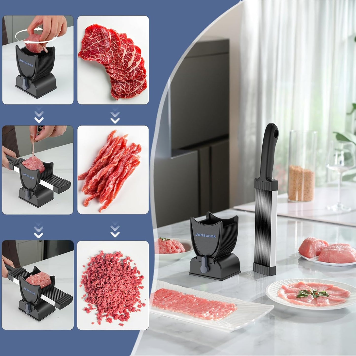 Fresh Meat Slicer, Manual Fresh Meat Cutter, Meal Prep, 2mm or 4mm-Black | Manual Meat Slicer for Fresh Raw Meat, 17 Blades get 18 Meat Slices, Meat Cleavers can be Sliced, Striped, Diced