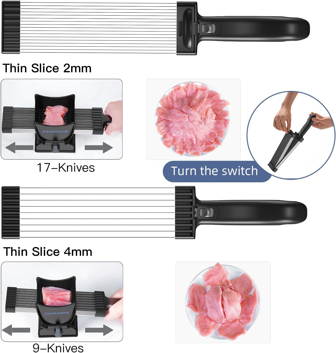 Fresh Meat Slicer, Manual Fresh Meat Cutter, Meal Prep, 2mm or 4mm-Black | Manual Meat Slicer for Fresh Raw Meat, 17 Blades get 18 Meat Slices, Meat Cleavers can be Sliced, Striped, Diced