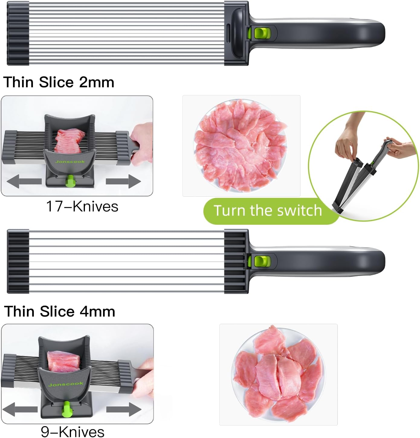 Fresh Meat Slicer, Manual Fresh Meat Cutter, Meal Prep, 2mm or 4mm-Black | Manual Meat Slicer for Fresh Raw Meat, 17 Blades get 18 Meat Slices, Meat Cleavers can be Sliced, Striped, Diced