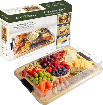 Flip, Serve & Store Reversible Charcuterie Board with Lid | Portable 5-compartment serving board with clear locking cover for travel. Cutting board side includes juice groove for prep.
