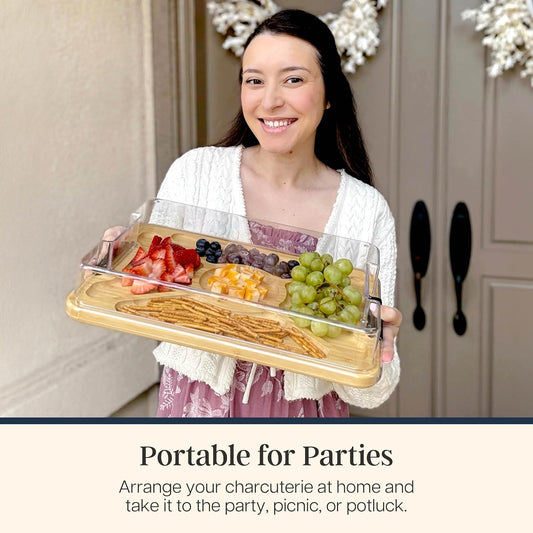 Flip, Serve & Store Reversible Charcuterie Board with Lid | Portable 5-compartment serving board with clear locking cover for travel. Cutting board side includes juice groove for prep.