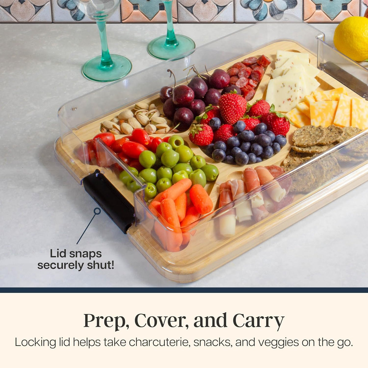 Flip, Serve & Store Reversible Charcuterie Board with Lid | Portable 5-compartment serving board with clear locking cover for travel. Cutting board side includes juice groove for prep.