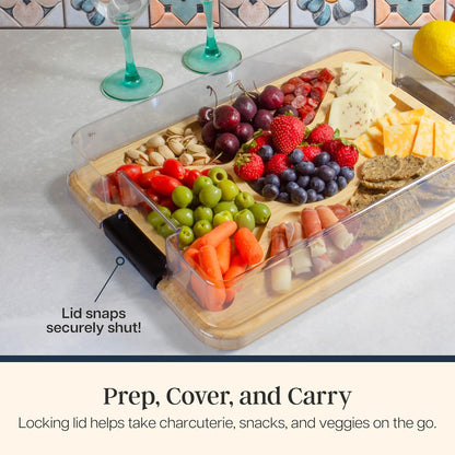 Flip, Serve & Store Reversible Charcuterie Board with Lid | Portable 5-compartment serving board with clear locking cover for travel. Cutting board side includes juice groove for prep.