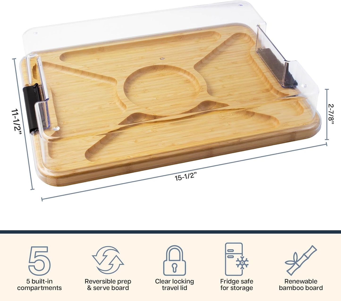 Flip, Serve & Store Reversible Charcuterie Board with Lid | Portable 5-compartment serving board with clear locking cover for travel. Cutting board side includes juice groove for prep.