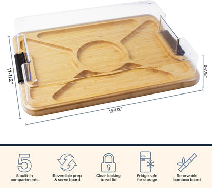 Flip, Serve & Store Reversible Charcuterie Board with Lid | Portable 5-compartment serving board with clear locking cover for travel. Cutting board side includes juice groove for prep.