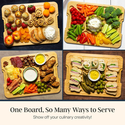 Flip, Serve & Store Reversible Charcuterie Board with Lid | Portable 5-compartment serving board with clear locking cover for travel. Cutting board side includes juice groove for prep.