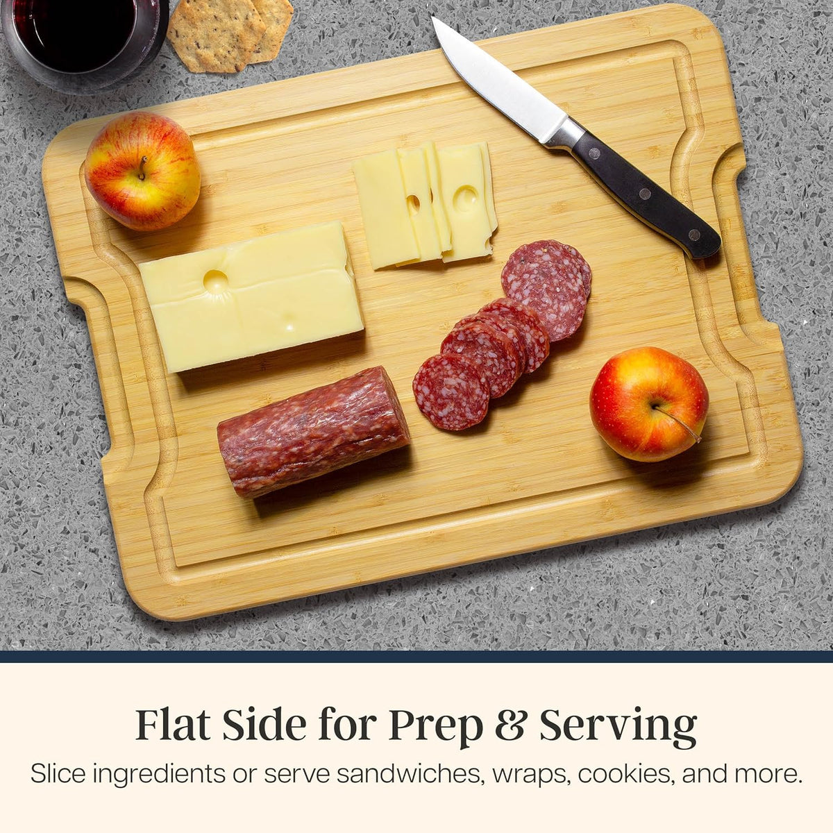 Flip, Serve & Store Reversible Charcuterie Board with Lid | Portable 5-compartment serving board with clear locking cover for travel. Cutting board side includes juice groove for prep.