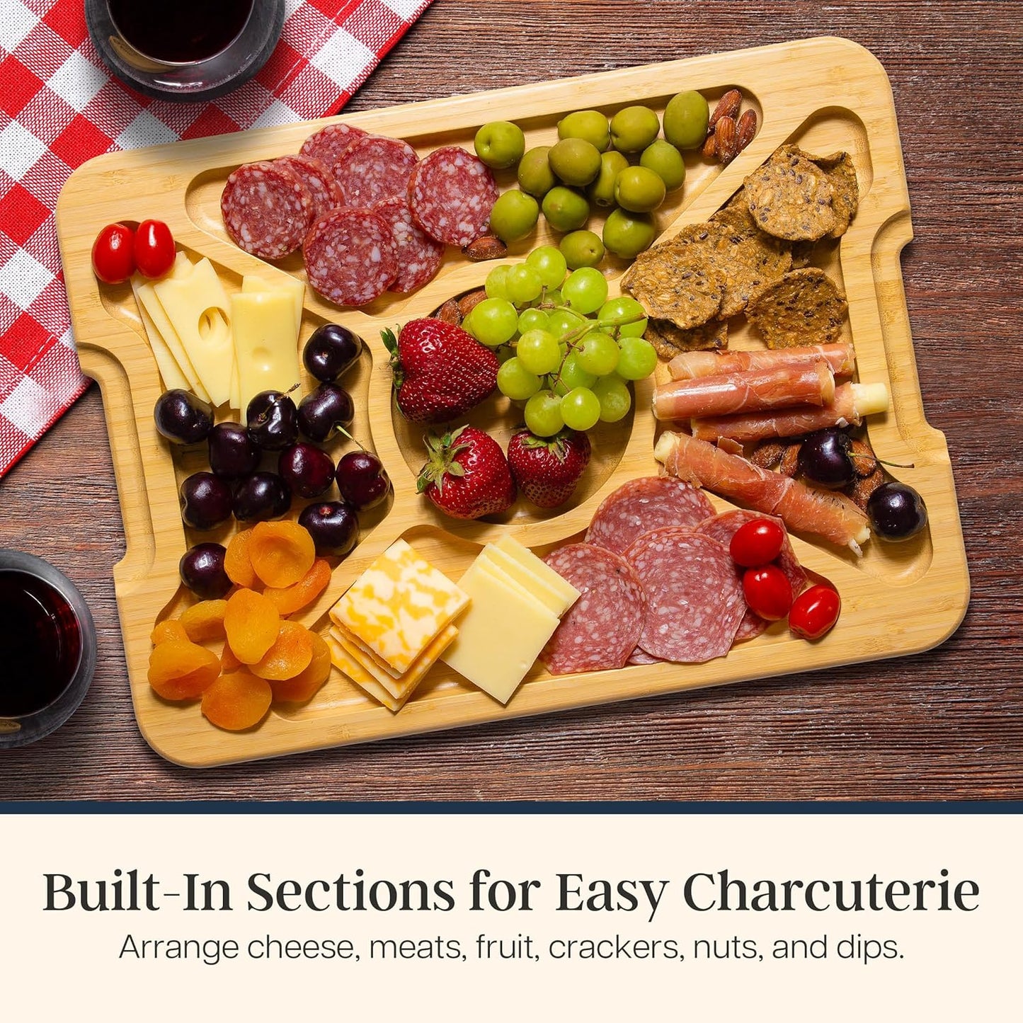 Flip, Serve & Store Reversible Charcuterie Board with Lid | Portable 5-compartment serving board with clear locking cover for travel. Cutting board side includes juice groove for prep.