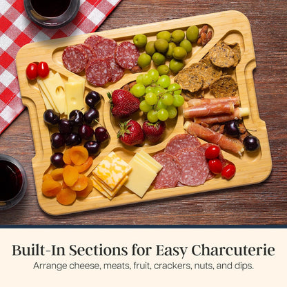 Flip, Serve & Store Reversible Charcuterie Board with Lid | Portable 5-compartment serving board with clear locking cover for travel. Cutting board side includes juice groove for prep.