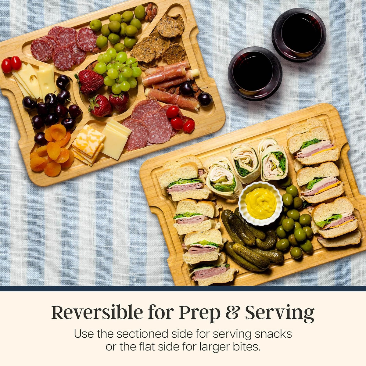 Flip, Serve & Store Reversible Charcuterie Board with Lid | Portable 5-compartment serving board with clear locking cover for travel. Cutting board side includes juice groove for prep.