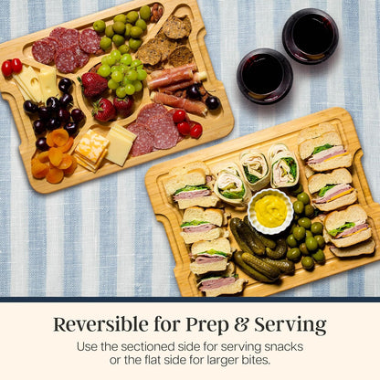 Flip, Serve & Store Reversible Charcuterie Board with Lid | Portable 5-compartment serving board with clear locking cover for travel. Cutting board side includes juice groove for prep.