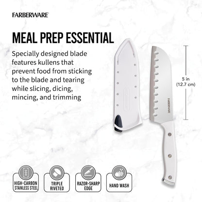 Edgekeeper Triple Riveted Santoku Knife with Self-Sharpening Blade Cover, High Carbon-Stainless Steel Kitchen Knife with Ergonomic Handle, Razor-Sharp Knife, 5 Inch, White
