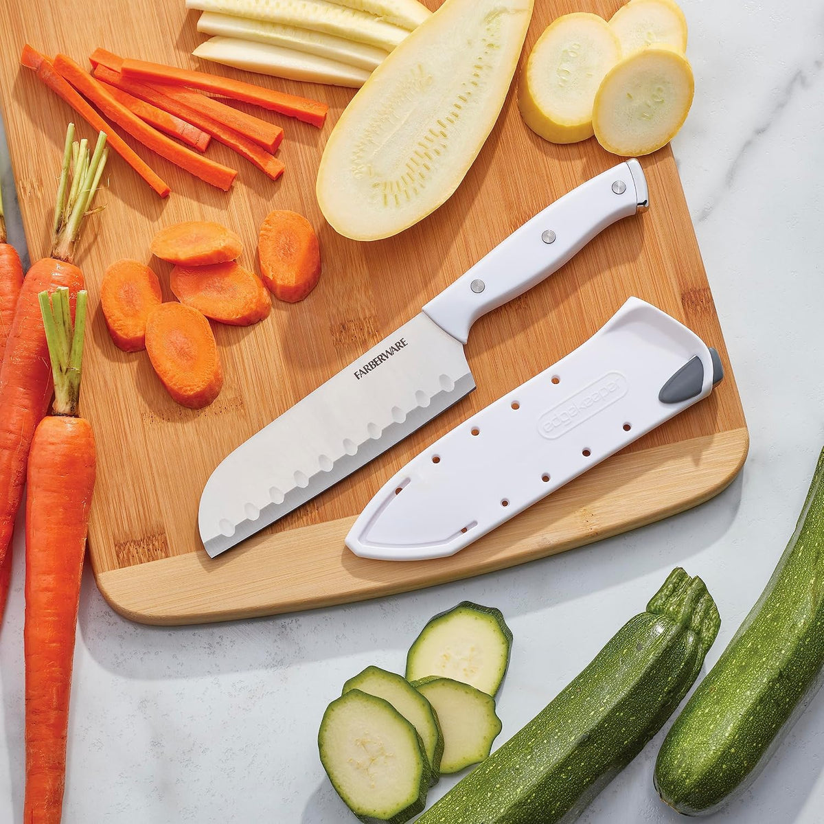 Edgekeeper Triple Riveted Santoku Knife with Self-Sharpening Blade Cover, High Carbon-Stainless Steel Kitchen Knife with Ergonomic Handle, Razor-Sharp Knife, 5 Inch, White